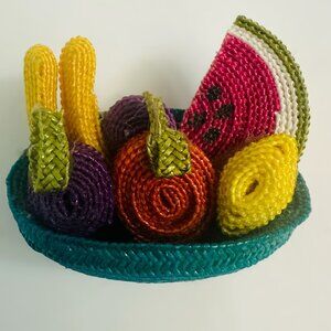 Vintage Handmade Fabric Fruit Basket Brooch Pin Multicolor Fruit Salad Bowl